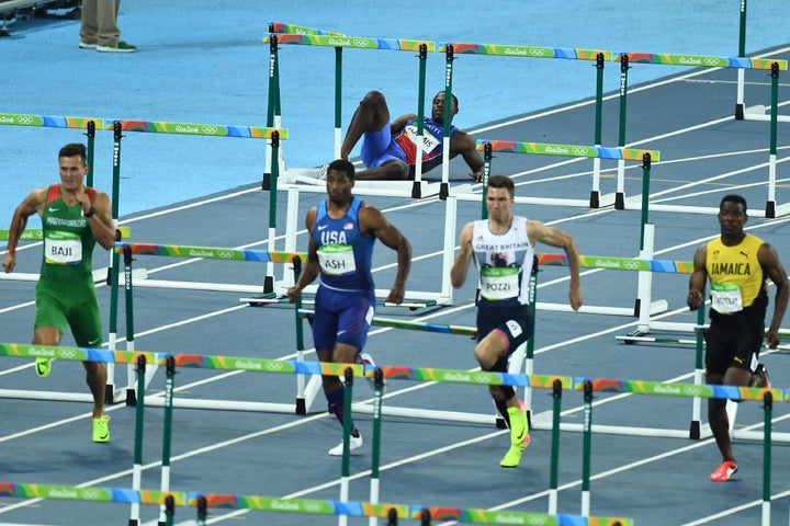 Jeffrey Julmis took a nasty tumble in the 110m semi-final