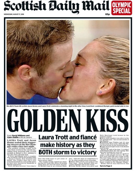 A edition of the Scottish Daily Mail and the Daily Mail showed a close-up of the 'golden cycling couple'.