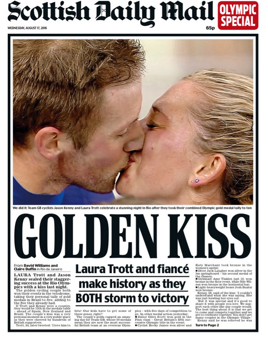 <strong>A edition of the Scottish Daily Mail and the Daily Mail showed a close-up of the 'golden cycling couple'.</strong>