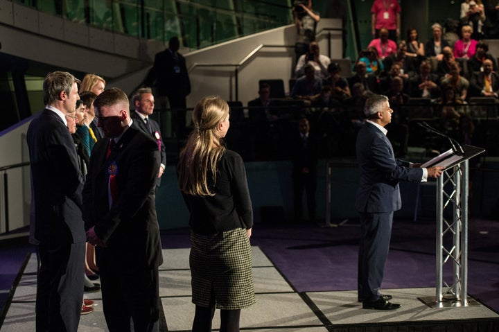 <strong>Paul Golding turns his back Sadiq Khan of the Labour Party makes an aceptance speech as the new Mayor of London at City Hall on May 06.</strong>