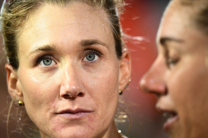 Kerry Walsh Jennings (left) and April Ross after losing their women's beach volleyball semi-final match to Brazil.