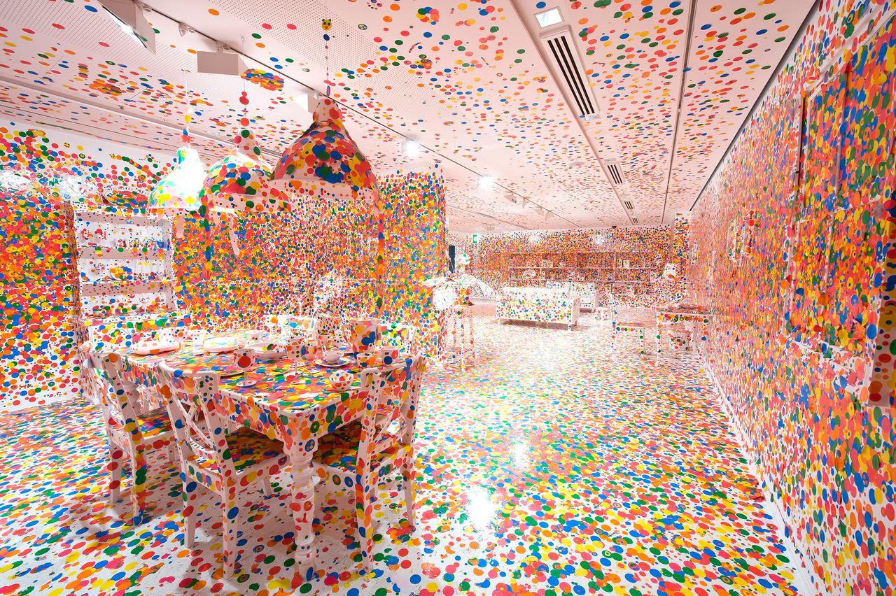 Yayoi Kusama, The Obliteration Room, 2002 to present; furniture, white paint, and dot stickers, dimensions variable; collaboration between Yayoi Kusama and Queensland Art Gallery; commissioned Queensland Art Gallery, Australia; gift of the artist through the Queensland Art Gallery Foundation 2012; collection: Queensland Art Gallery, Brisbane, Australia