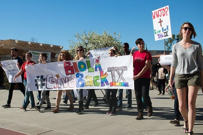 Students at Biola University in California protest the schools Title IX exemption. 