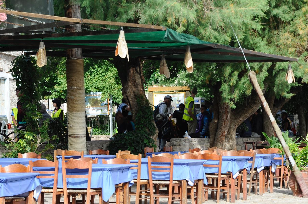 An empty restaurant in the port of Skala Sikaminias, where rescue boats bring dozens of refugees before they're transported to one of the two refugee camps on land.