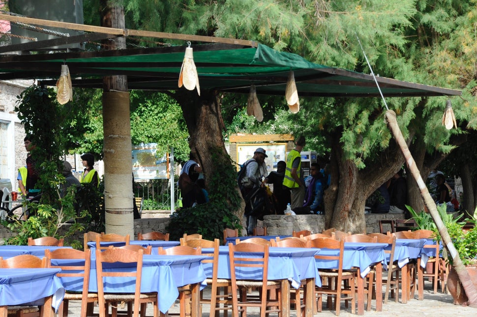 An empty restaurant in the port of Skala Sikaminias, where rescue boats bring dozens of refugees before they're transported t