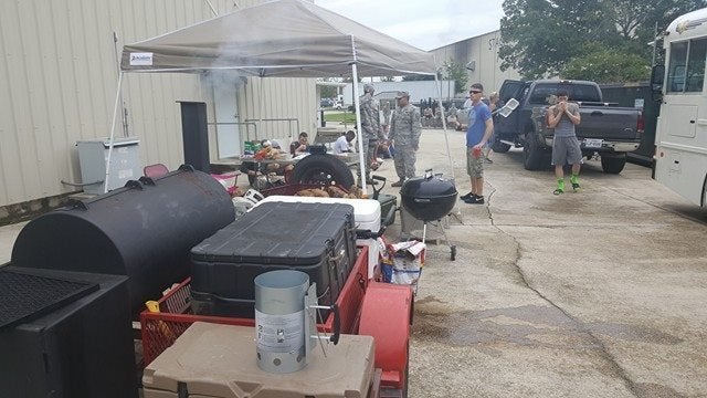 Brisket being smoked.