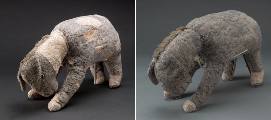 Eeyore before (left) and after the restoration (right). During his makeover, a total of 52 patches were removed and replaced, patch wear at his clavicle was repaired, and he was encapsulated in net to protect his delicate plush.