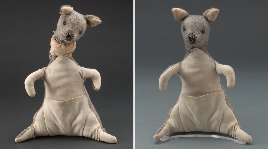 Kanga before (left) and after the restoration (right). During her makeover, her neck patches were removed and replaced, underarm holes were repaired and previous patches were replaced with custom-colored plush fabric, the plush on the bottom of Kanga was fluffed, and Kanga’s plush and inner ears we encapsulated in nylon net.