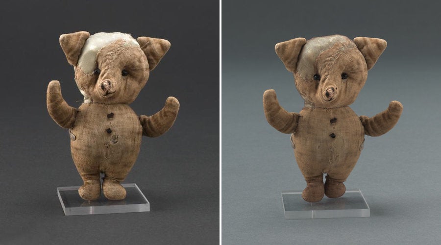 Piglet before (left) and after the restoration (right). During his makeover, Piglet’s snout was humidified and secured in its proper position, a small hole at Piglet’s torso received a patch of fine silk fabric, with a color that mimicked his velveteen, his feet were encapsulated in silk crepeline to protect worn areas, and the sage green silk at his head was also covered in silk crepeline.