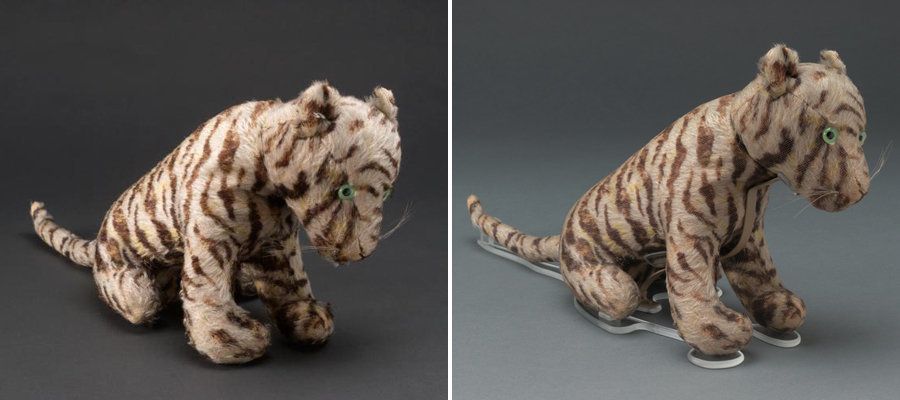 <strong>Tigger before (left) and after the restoration (right).</strong> During his makeover, the plush on the bottom of Tigger was fluffed using humidity and mechanical action, and his plush was encapsulated in nylon Maline net (his ears were left uncovered because they are not prone to the same stress, and because they are exceptionally fluffy and the net would be visually obtrusive).