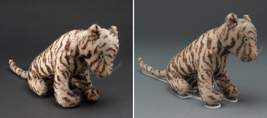 Tigger before (left) and after the restoration (right). During his makeover, the plush on the bottom of Tigger was fluffed using humidity and mechanical action, and his plush was encapsulated in nylon Maline net (his ears were left uncovered because they are not prone to the same stress, and because they are exceptionally fluffy and the net would be visually obtrusive).