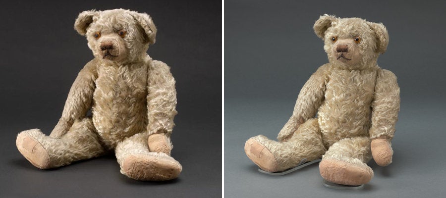 Winnie-the-Pooh before (left) and after the restoration (right). During his makeover, four worn areas were treated and protected with nylon Maline net (including two front paw pads, his left foot paw pad, and his snout), several areas of lifting embroidery on the nose and left foot were stitched down with cotton thread, a protruding yarn from a previous repair under the right arm was fixed, and the plush on Pooh’s bottom was gently steamed and fluffed using, among other things, a microspatula.