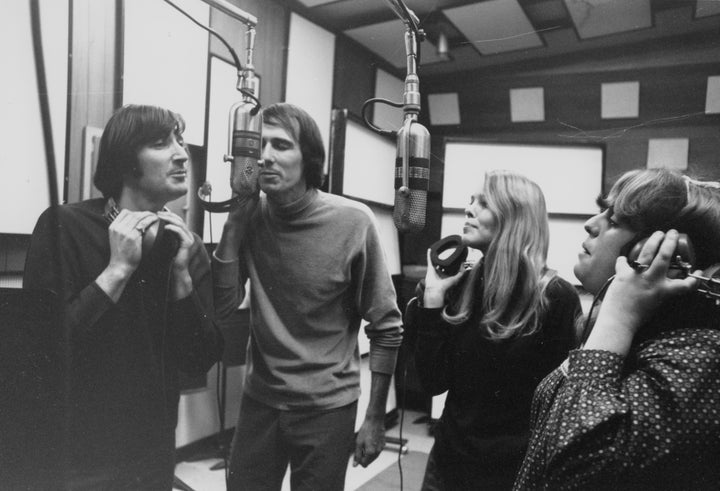 The Mamas & The Papas: Denny Doherty, John Phillips, Michelle Phillips and Cass Elliot in the recording studio, 1966.