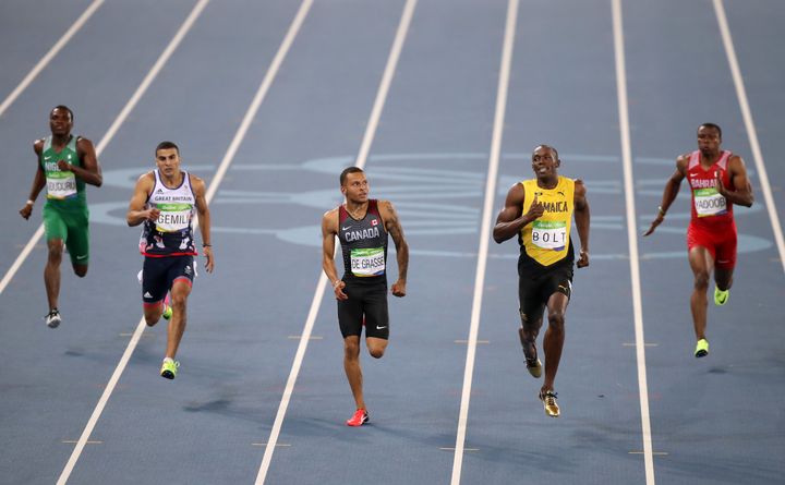 <strong>(left-right) Nigeria's Ejowvokoghene Oduduru, Great Britain's Adam Gemili, Canada's Andre De Grasse, Jamaica's Usain Bolt and Bahrain's Salem Eid Yaqoob compete in the second Men's 200m semi final.</strong>