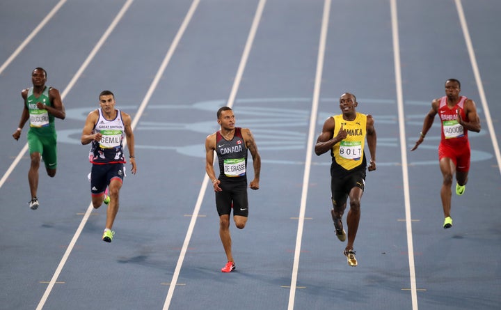 (left-right) Nigeria's Ejowvokoghene Oduduru, Great Britain's Adam Gemili, Canada's Andre De Grasse, Jamaica's Usain Bolt and Bahrain's Salem Eid Yaqoob compete in the second Men's 200m semi final.