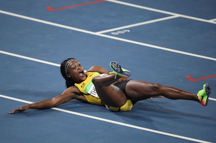 <strong>Jamaica's Elaine Thompson reacts after winning the Women's 200m final.</strong>
