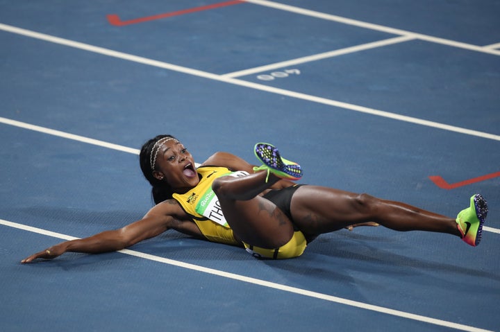 Jamaica's Elaine Thompson reacts after winning the Women's 200m final.