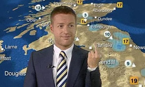 Tomasz Schafernaker was famously caught sticking his middle finger up on air