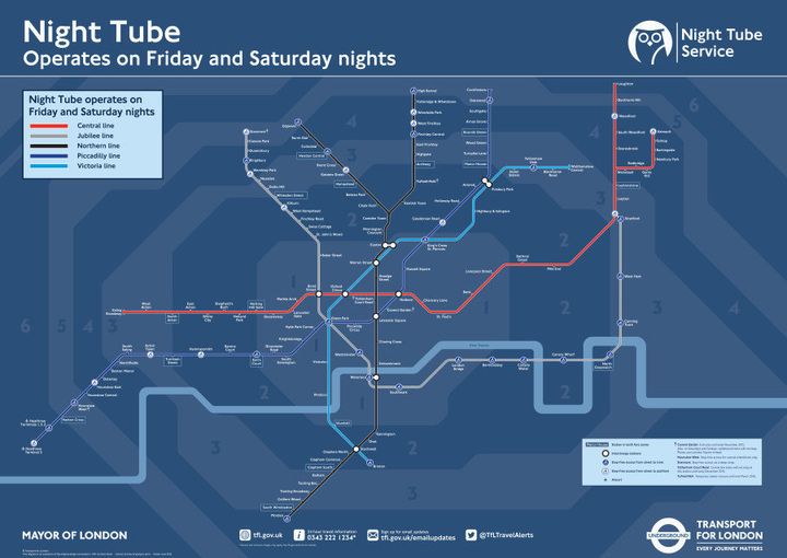 The Night Tube service launches in London on Friday, August 19. CLICK HERE TO ENLARGE FULL PDF
