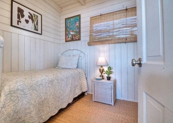 A bedroom in Eve Plumb's Malibu home.