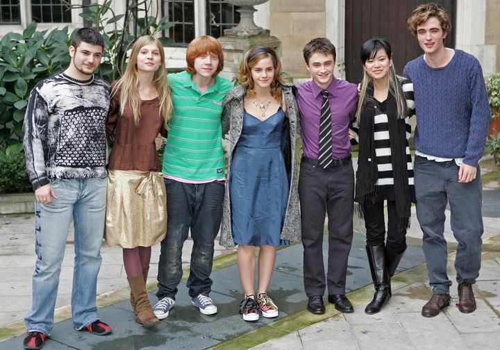 From left to right: Stanislav Ianevski who plays Viktor Krum, Clemence Poesy who plays Fleur Delacour, Rupert Grint who plays Ron Weasley, Emma Watson who plays Hermione Granger, Daniel Radcliffe who plays Harry Potter, Katie Leung who plays Cho Chang and Robert Pattinson who plays Cedric Diggory, all from the 2005 film "Harry Potter and the Goblet of Fire."