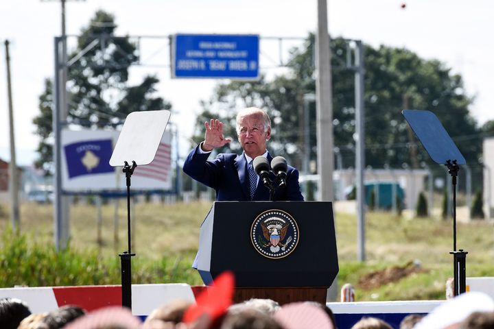 U.S. Vice President Joe Biden delivers a speech near the military Camp Bondsteel during a street dedication ceremony in honor of their late son, Joseph "Beau" Biden, III, near the village of Sojeve on August 17, 2016.
