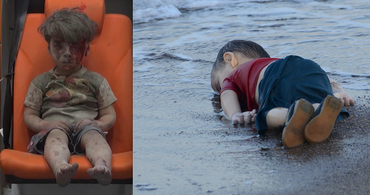 Omran Daqneesh, left, was injured in airstrikes on Aleppo on Wednesday. Aylan Kurdi, right, escaped Syria with his family only to die after a boat taking him to Greece capsized off the shores of Turkey.