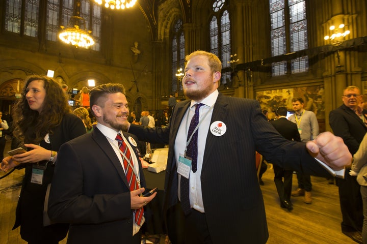 Jamie Ross McKenzie, left, and Edward Sumner of Ukip's youth wing celebrate at Manchester Town Hall after the EU referendum on June 23, 2016 in Manchester.