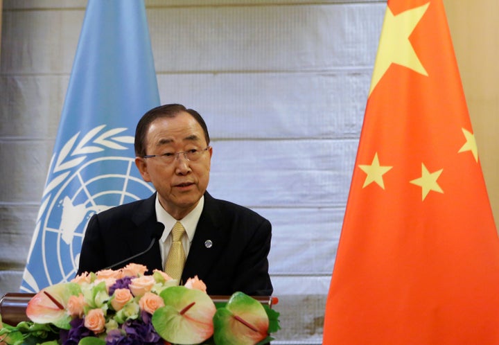 U.N. Secretary-General Ban Ki-moon attends a joint news conference with China's Foreign Minister Wang Yi (not in picture) at