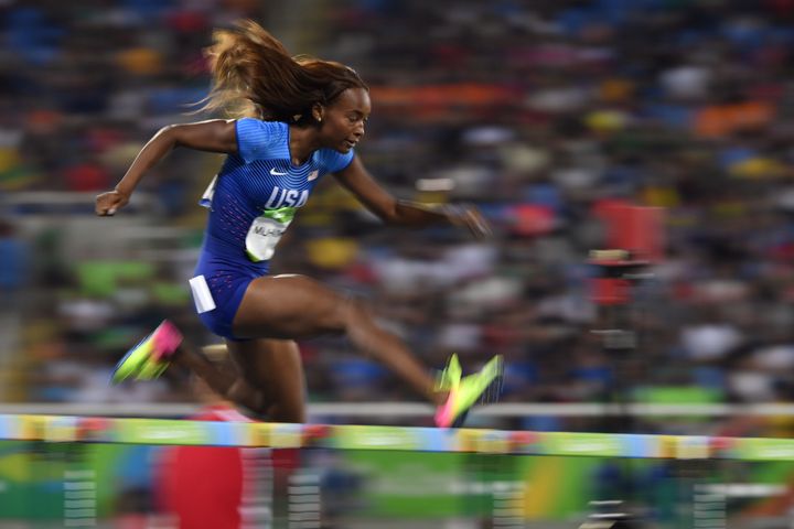 USA's Dalilah Muhammad competes in the Women's 400m Hurdles Semifinal at the Rio 2016 Olympic Games in Rio de Janeiro.