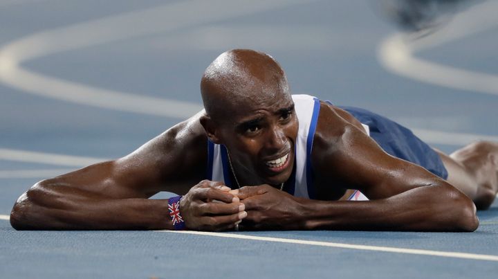 Farah reacts to his 10,000m win