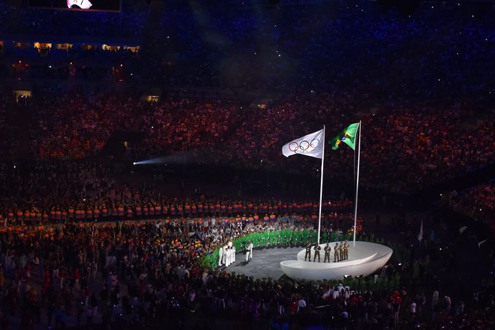 <strong>The Brazilian and Olympic flag fly over the opening ceremony</strong>