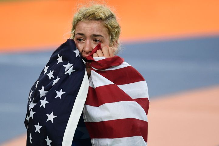 Helen Maroulis reacts to defeating Saori Yoshida of Japan during 53kg women's freestyle wrestling title match on Thursday, August 18, 2016.
