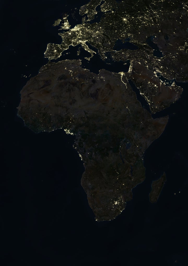True colour satellite image of Africa at night. This image in Lambert Azimuthal Equal Area projection was compiled from data