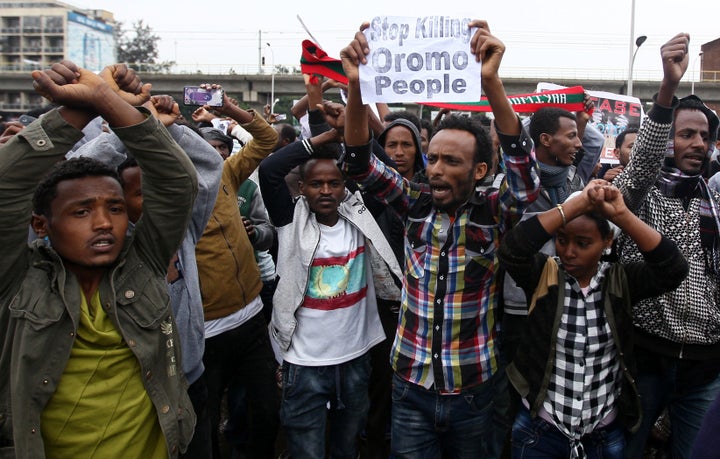 Protesters chant slogans during a demonstration over what they say is unfair distribution of wealth in the country at Meskel Square in Ethiopia's capital Addis Ababa, August 6, 2016.