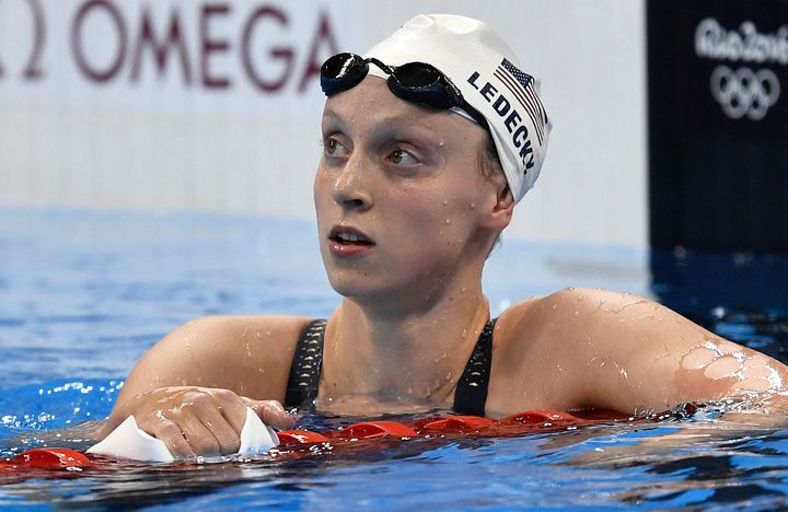 <strong>Winner: Katie Ledecky checks her time during a women's 800-meter freestyle heat</strong>