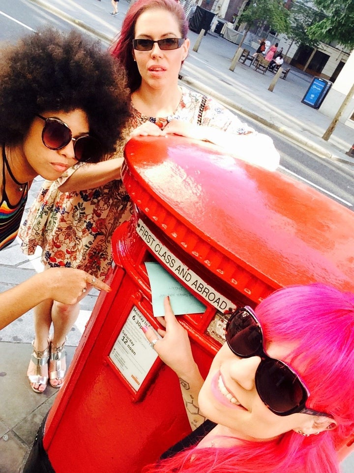 Grace Barrett, Natasha Devon and Nadia Mendoza (left to right) posted their first letter to the prime minister today.