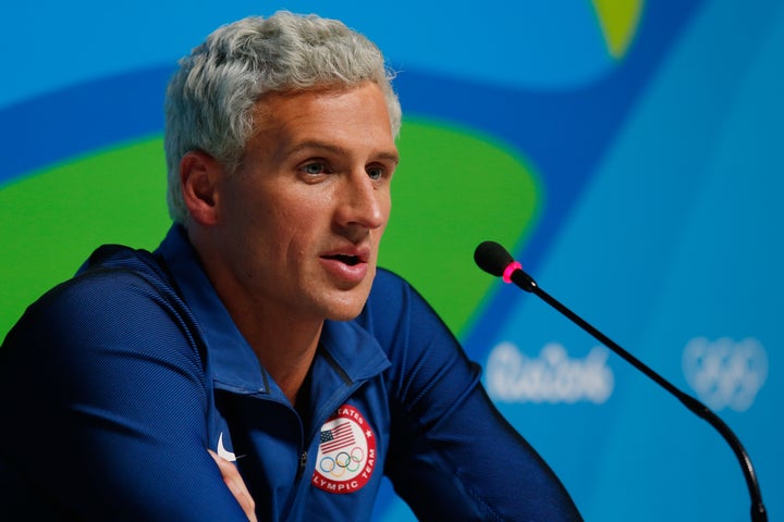 Ryan Lochte of the United States attends a press conference in the Main Press Center on Day 7 of the Rio Olympics on August 12, 2016 in Rio de Janeiro, Brazil.