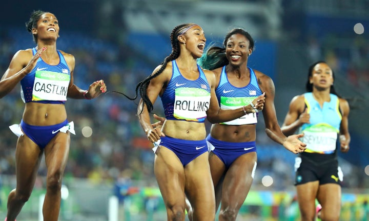 Kristi Castlin, Brianna Rollins and Nia Ali all of team USA win bronze, gold and silver in the 100-meter hurdles. 