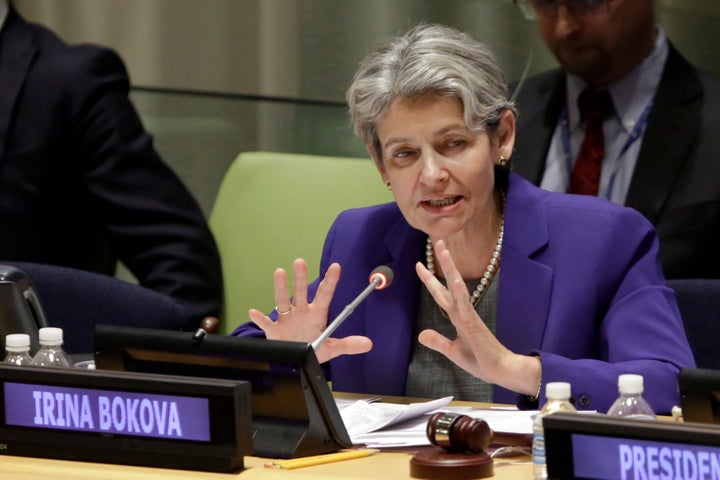 U.N. Secretary General candidate Irina Bokova, Director-General of UNESCO, delivers her remarks in the United Nations Trusteeship Council Chamber, Tuesday, April 12, 2016. For the first time in the 70-year history of the United Nations, all the member states will get a chance to question the candidates for Secretary-General, in a move to make the usually secret selection process for the world's top diplomatic post more transparent. (AP Photo/Richard Drew)