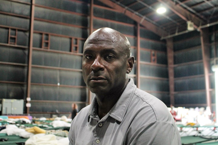 Calvin John inside the Celtic Studios, which has been turned into a makeshift shelter amid massive floods in Baton Rouge, Louisiana.