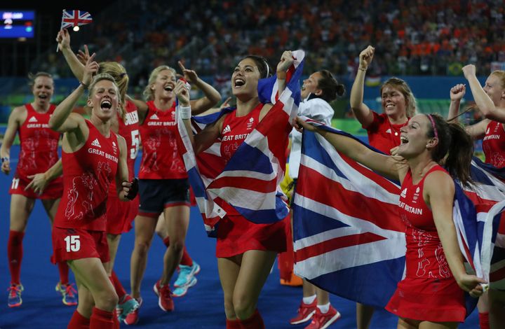 <strong>Great Britain celebrates after winning a penalty shoot out</strong>