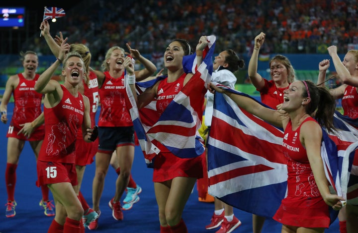 Great Britain celebrates after winning a penalty shoot out