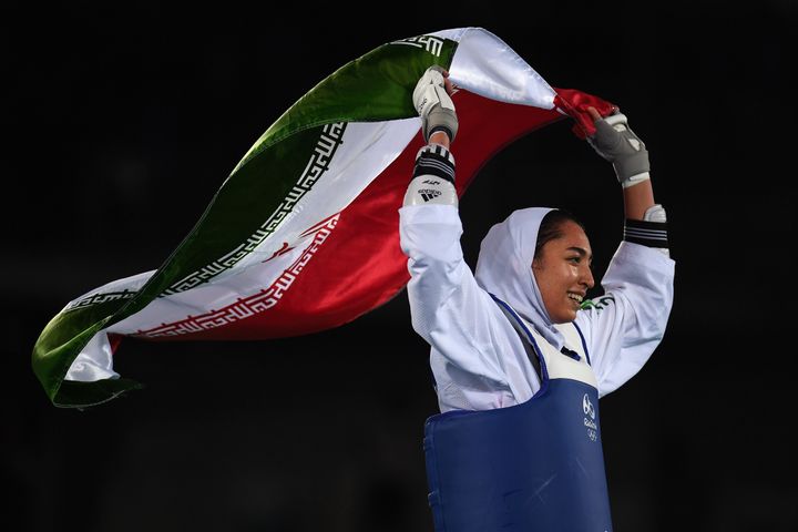 <strong>Kimia Alizadeh Zenoorin celebrates her bronze win</strong>