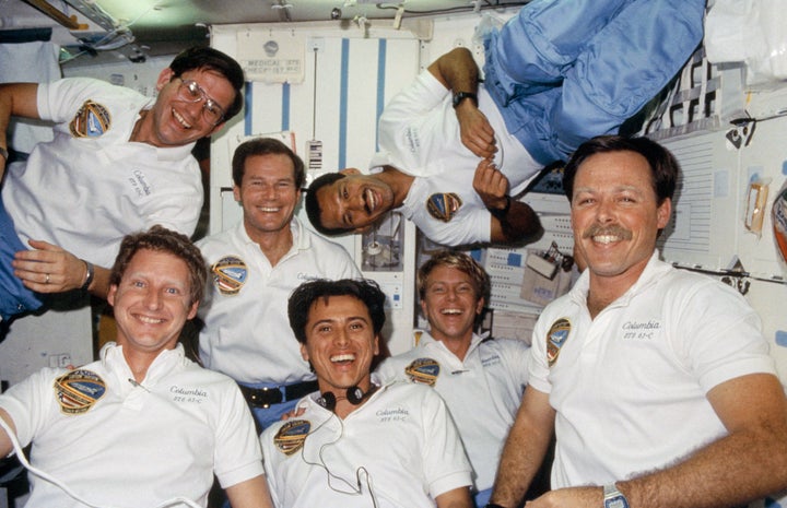 The crew of space shuttle Columbia poses for an in-flight portrait in January 1986. Florida Senator Bill Nelson, rear center, became friends with Charles Bolden, rear right, who was also a spaceflight rookie at the time.