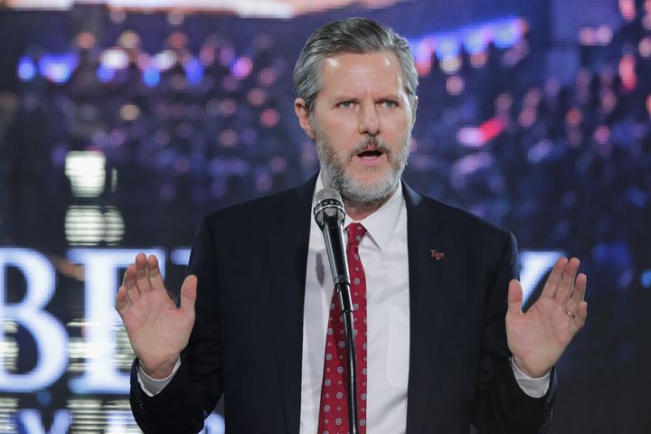 Jerry Falwell Jr. introduces Donald Trump at a rally in January at Liberty University in Lynchburg, Virginia.
