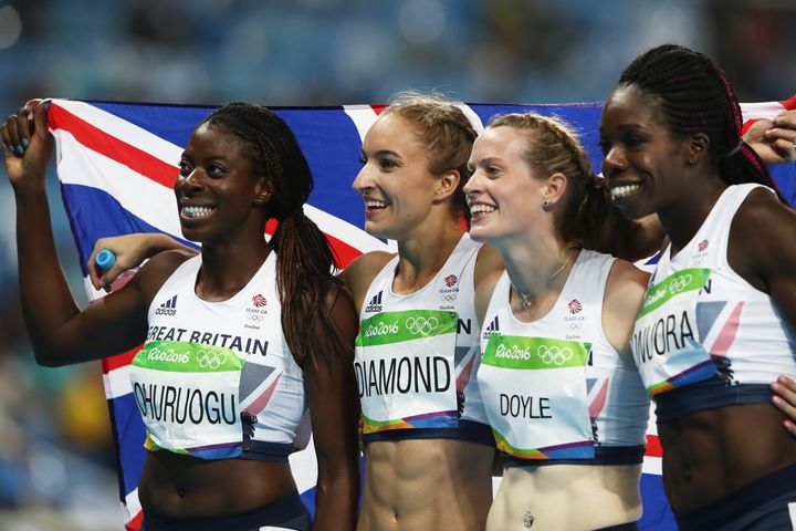 (L-R) Christine Ohuruogu, Emily Diamond, Eilidh Doyle and Anyika Onuora win bronze in the Women's 4x400m relay, increasing Team GB's medal count to 66.