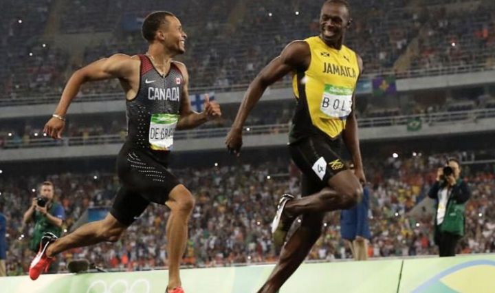 Grins all round for Usain Bolt and Andre de Grasse