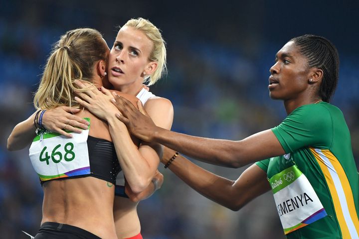 Lynsey Sharp (centre) has been lambasted for criticising South Africa's Caster Semenya (right) who won a gold medal in the 800m women's final on Saturday.