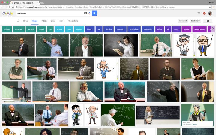 Screenshot of images that show a majority of middle aged white males when the word "professor" is entered into the Google search bar.
